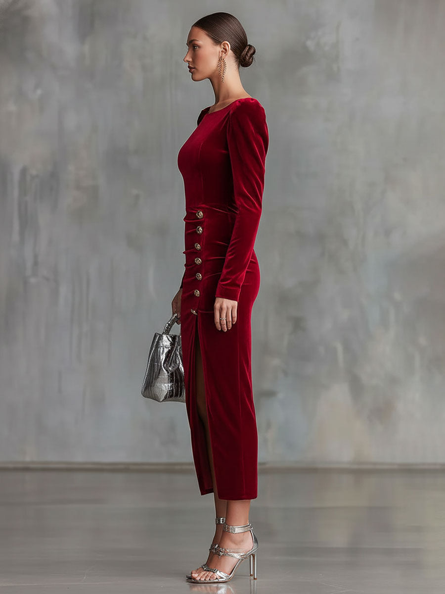 Elegant Round Neck Button-down Side Slit Long Sleeve Velvet Midi Dress