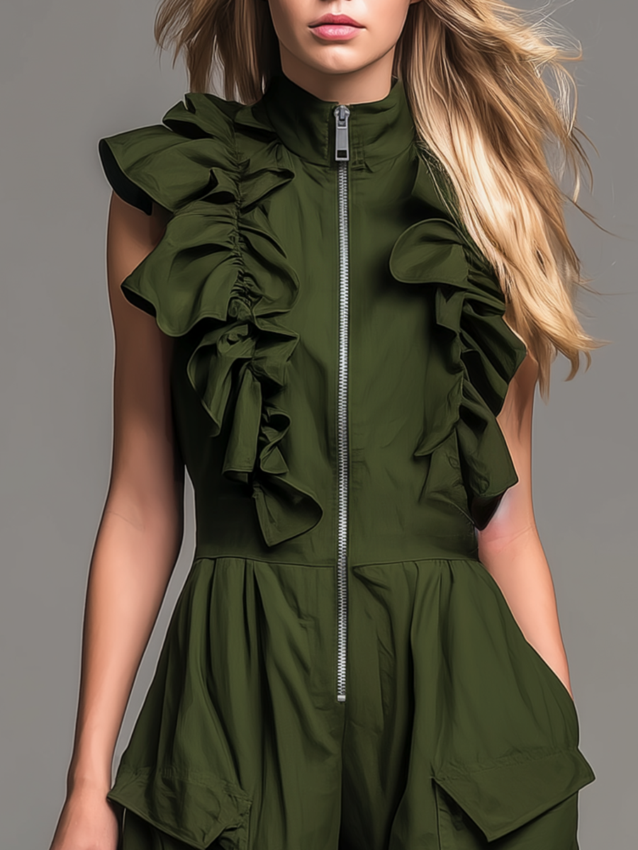 Fashionable And Casual Ruffled Sleeveless Zipper Jumpsuit