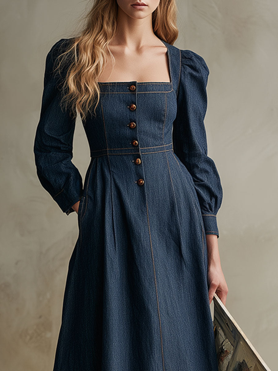 Fashionable Retro Navy Blue Denim Square Neck Long-sleeved Midi Dress
