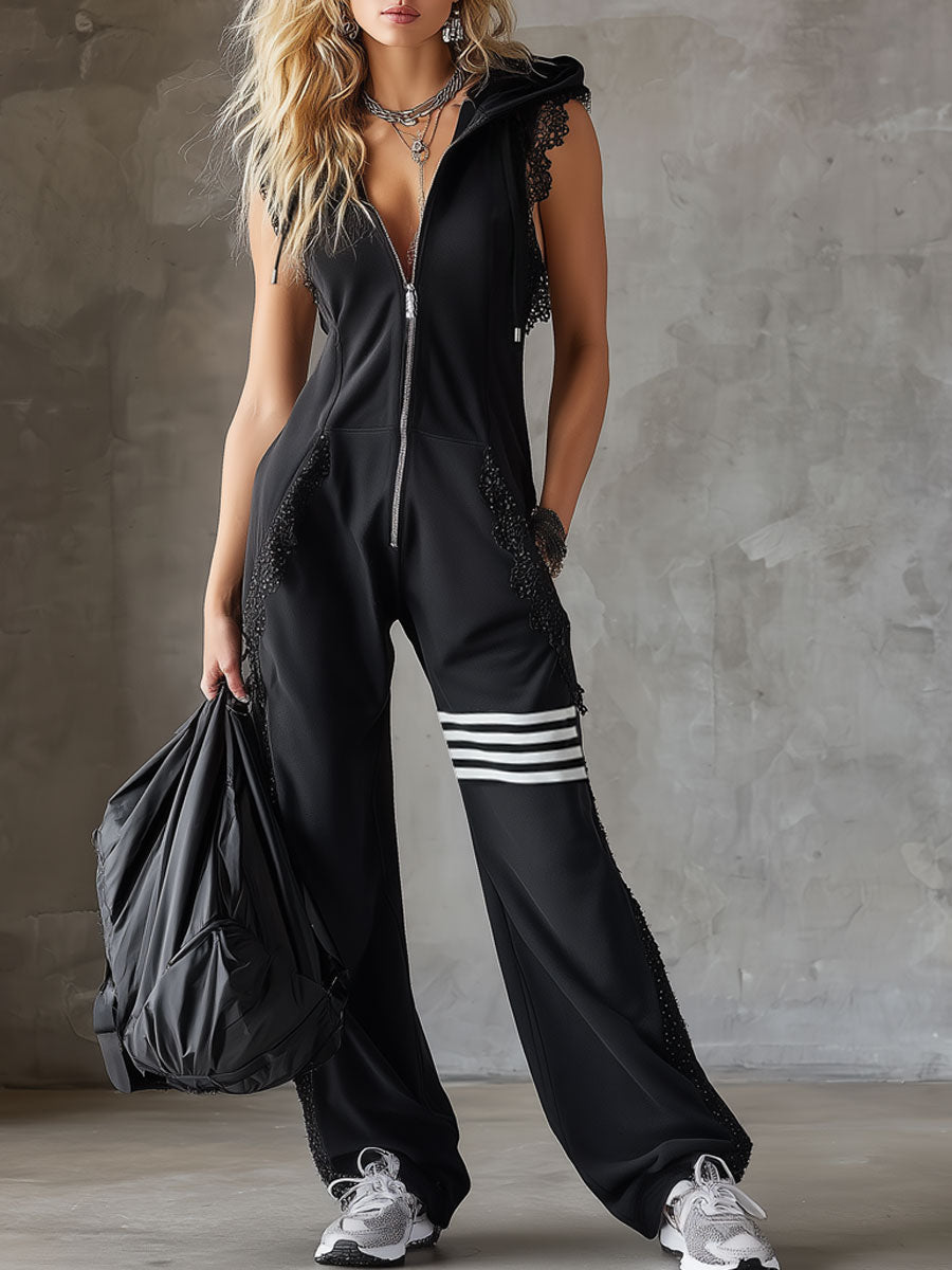 Sporty Retro Lace Striped Black Sleeveless Hooded Jumpsuit