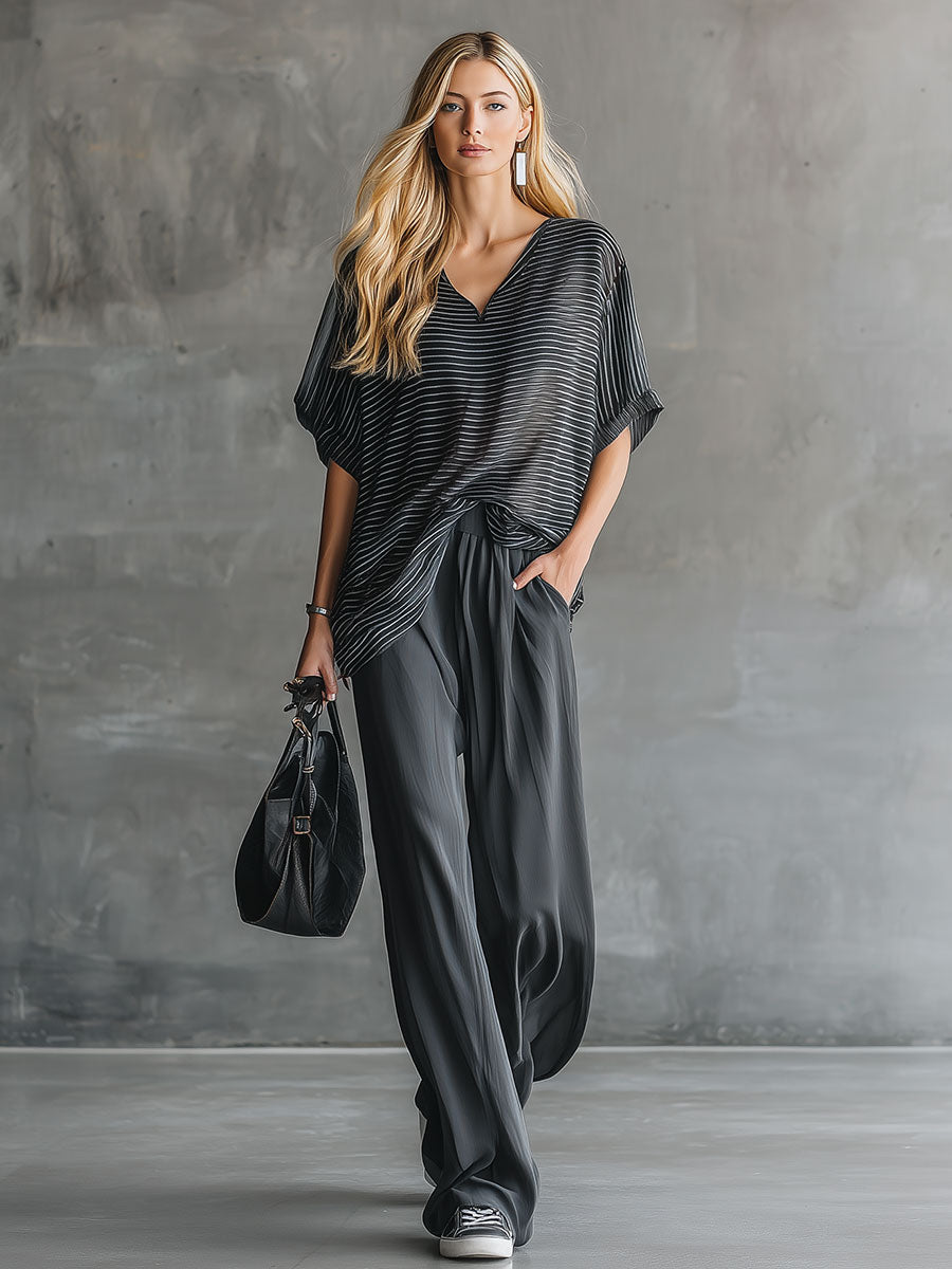 Stylish And Casual Black Short-sleeved Top And Gray Chiffon Pants Set