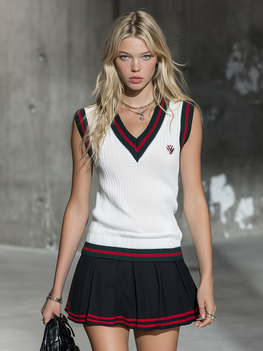 Sporty Stylish Retro V-neck Sleeveless Knitted Tank Top And Pleated Skirt Set