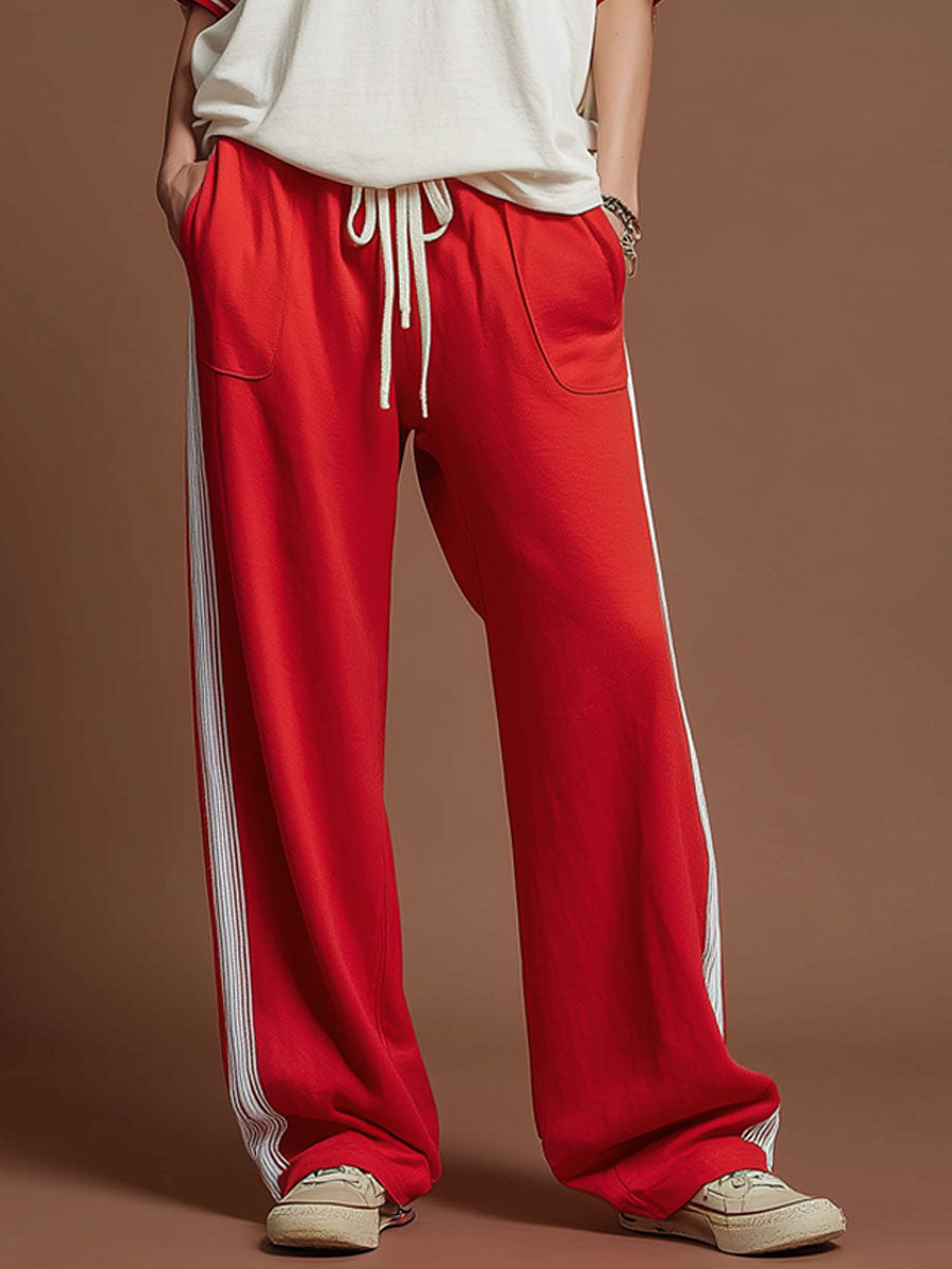 Sporty Retro Red Pure Cotton Embroidered Short-Sleeve T-Shirt And Wide-Leg Pants Set