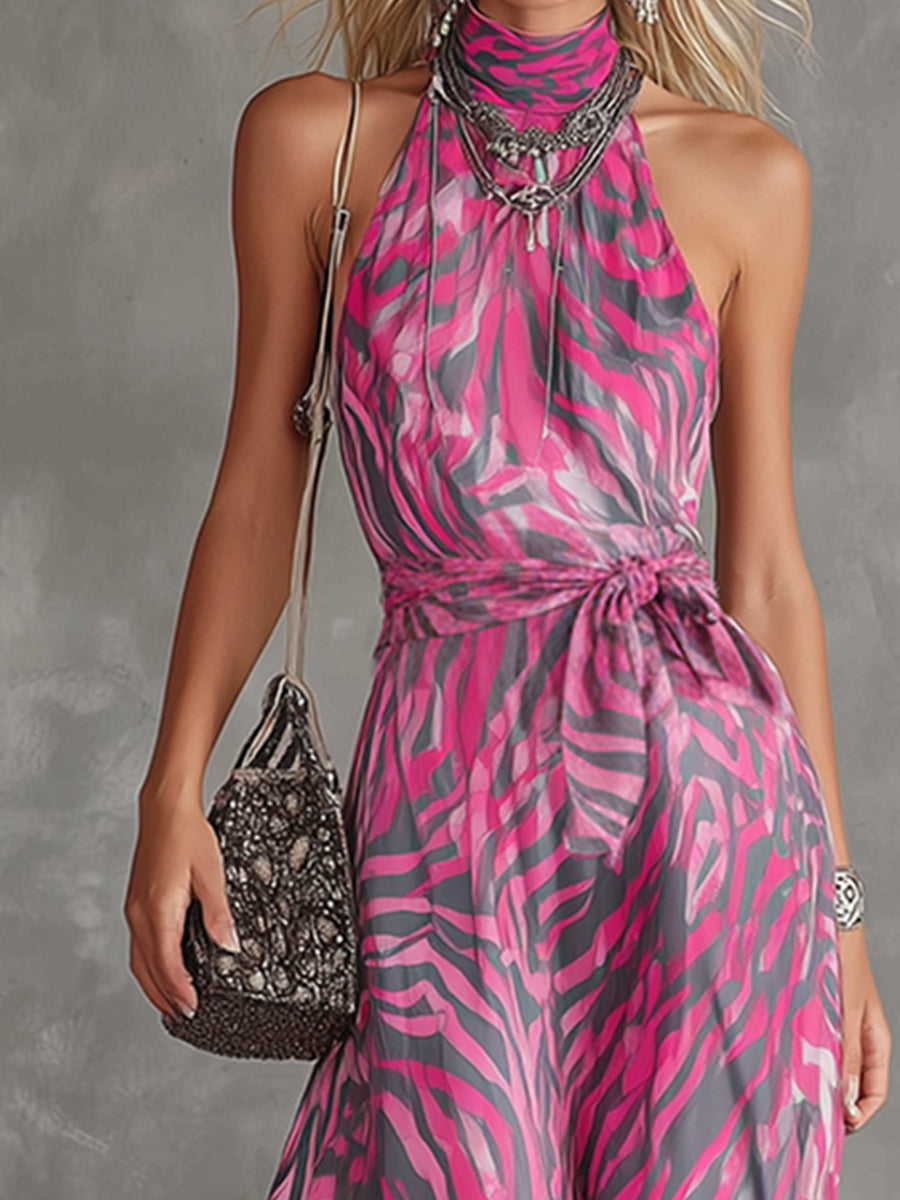 Stylish And Elegant Hot Pink Zebra Print Chiffon Halter Neck Sleeveless Maxi Dress