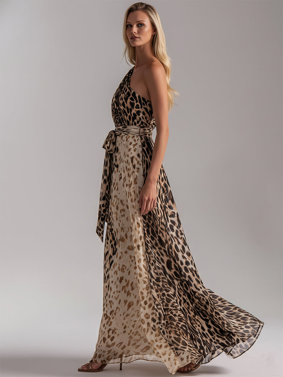 Luxury Resort-style Leopard Print Gradient Chiffon Off-shoulder Sleeveless Maxi Dress