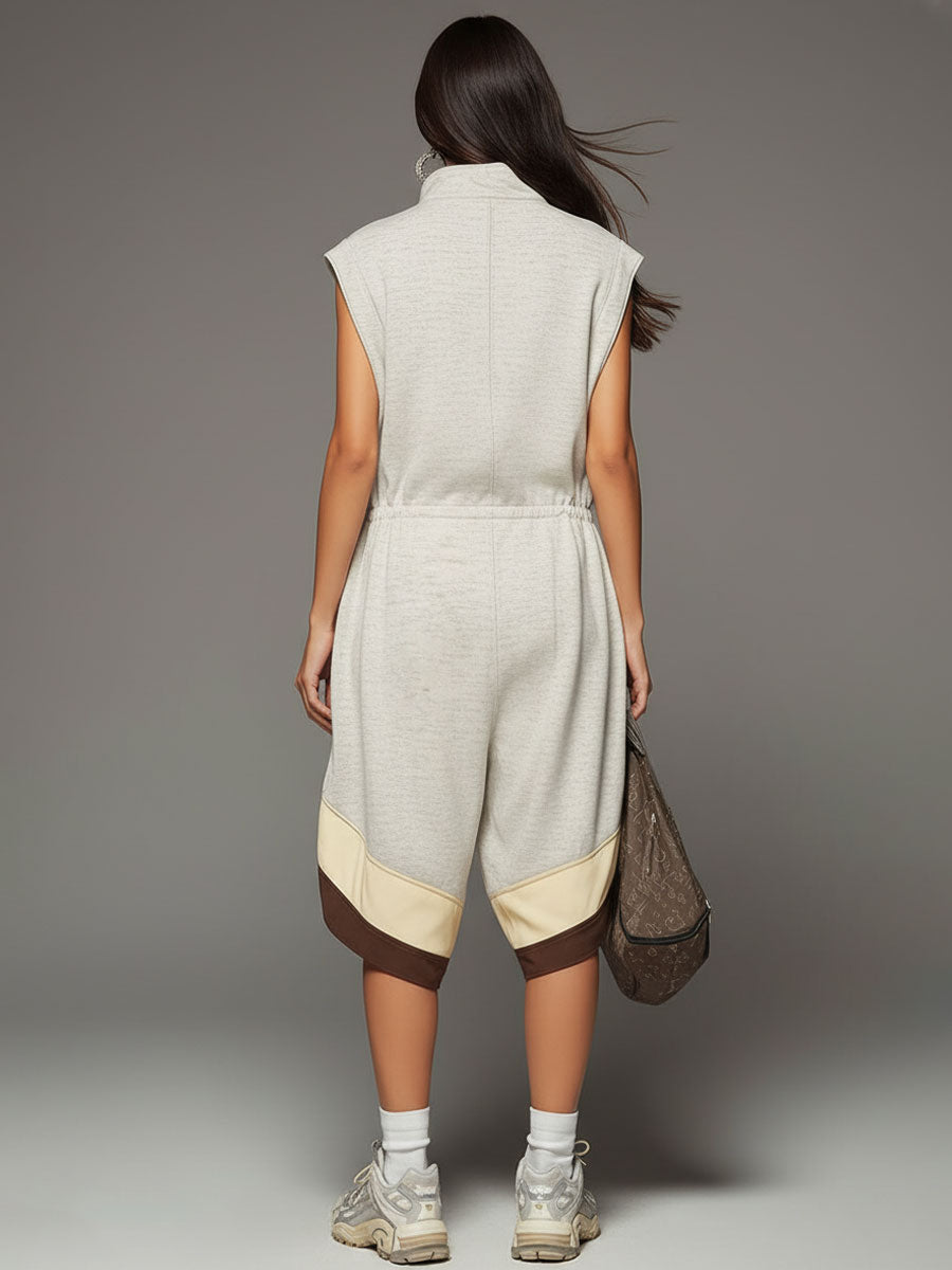 Sporty Retro Gray-white Cutout Sleeveless Shorts Jumpsuit