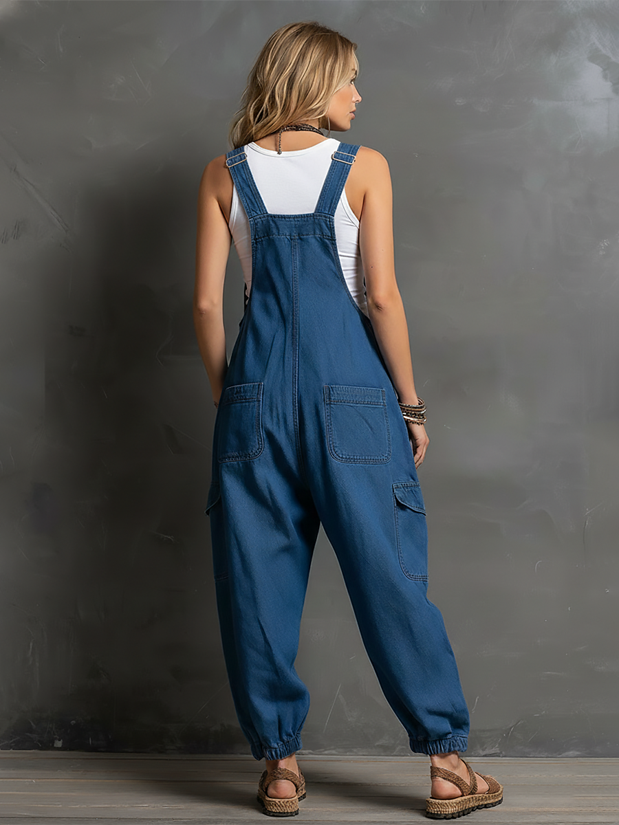 Retro Casual Lazy Chic Multiple Pockets Tapered Leg Opening Denim Overalls