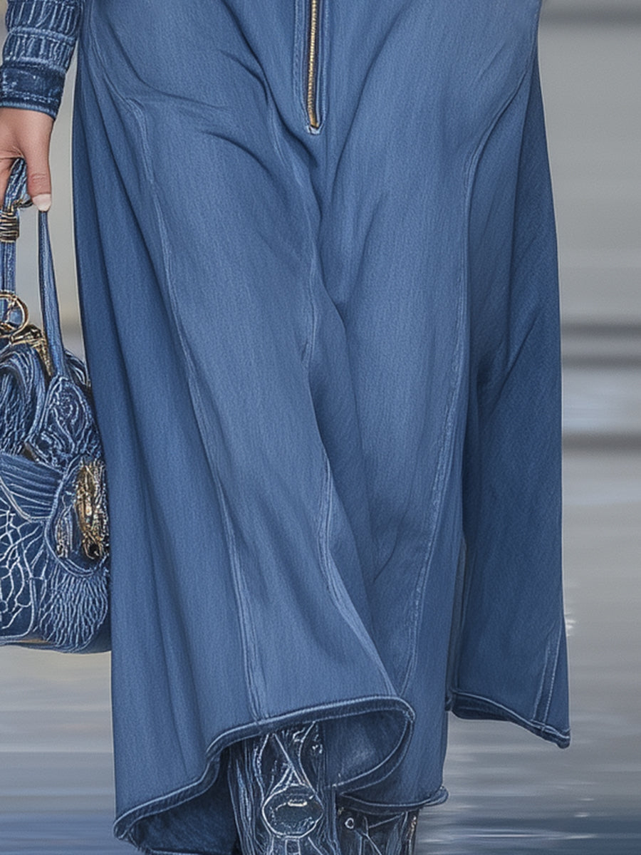 Retro Blue Denim Hooded Zip-up Eagle Embroidered Maxi Dress