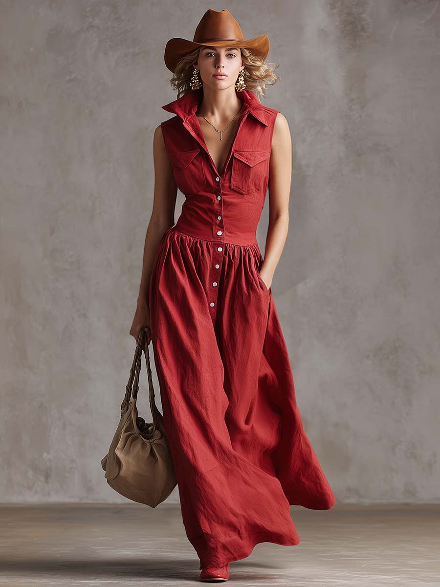 Retro Western Lapel Front Button Sleeveless Red Windbreaker Style Cotton And Linen Maxi Dress