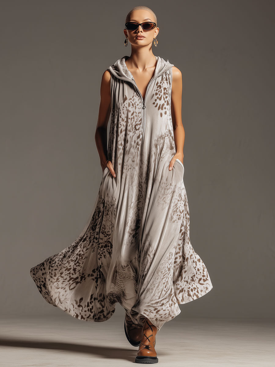 Western Retro Leopard Print Gray Velvet Hooded Maxi Dress