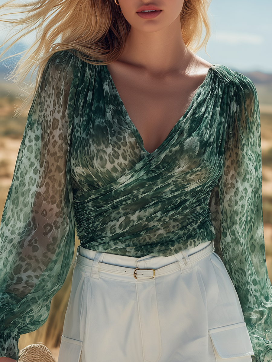 Western Bohemian Style V-neck Long-sleeved Printed Chiffon Top And Denim Shorts Set