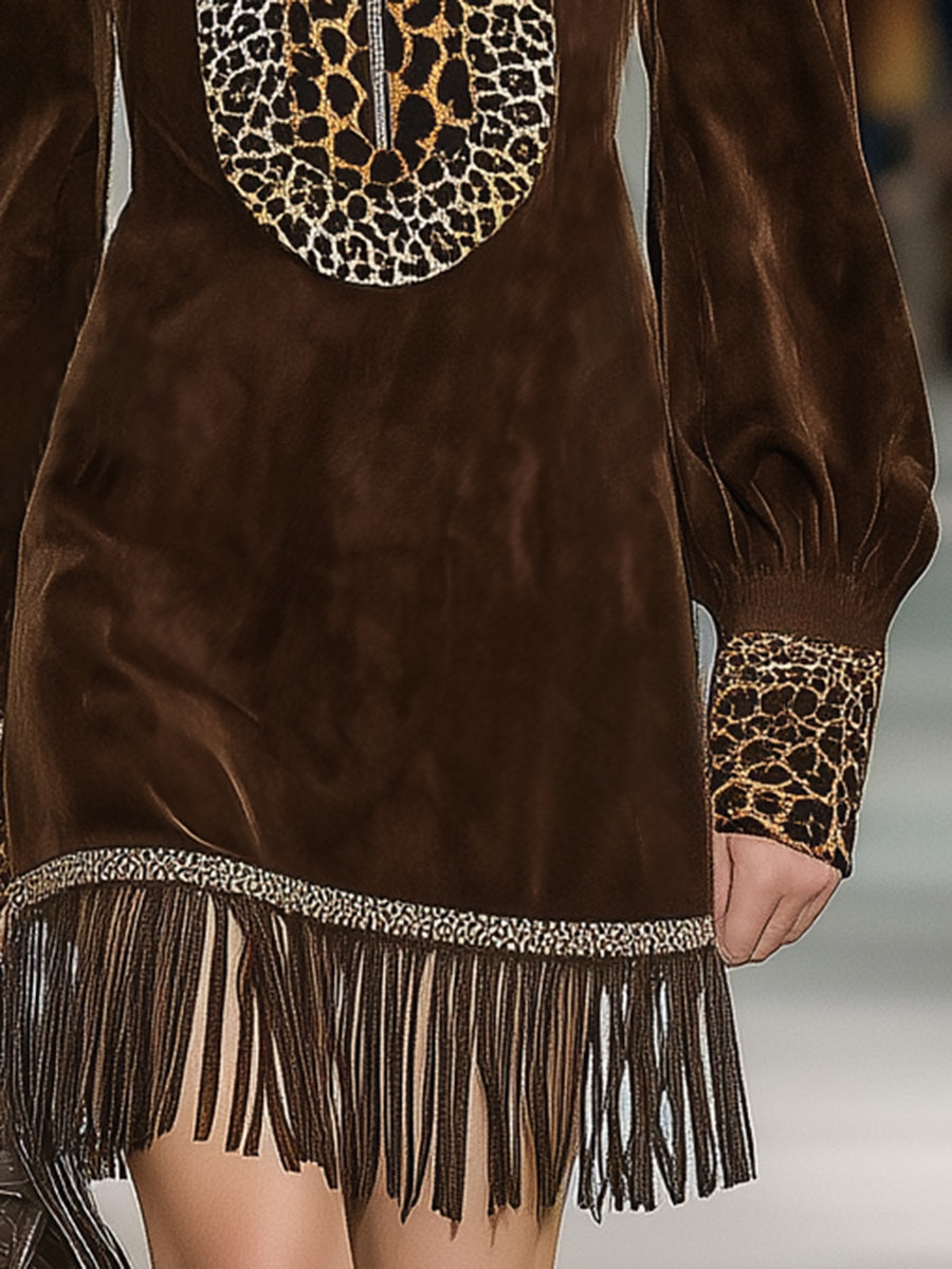 Western Brown Faux Suede Patchwork Leopard Print Zipper Tassel Mini Dress