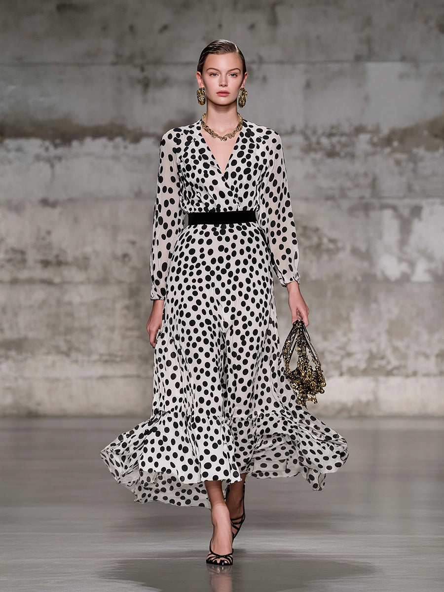 Retro Classic Black And White Polka Dot V-neck Maxi Dress