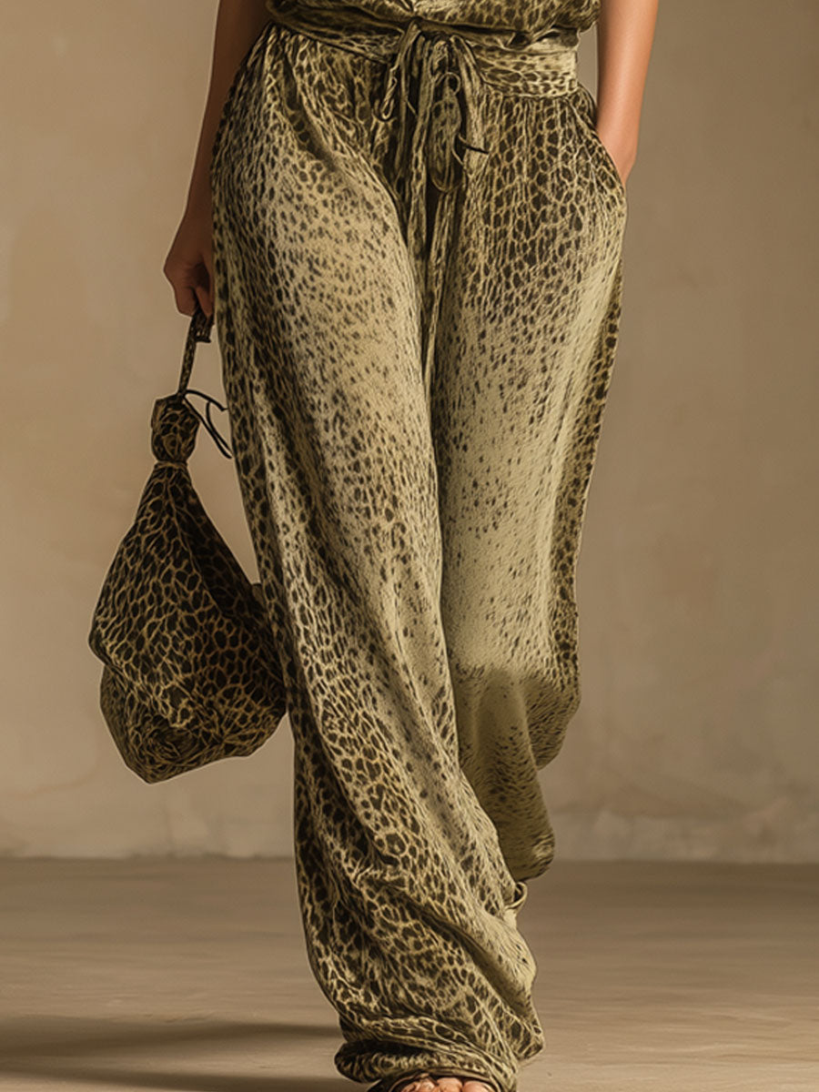 Leopard Print Sleeveless Top And Velvet Trousers Set