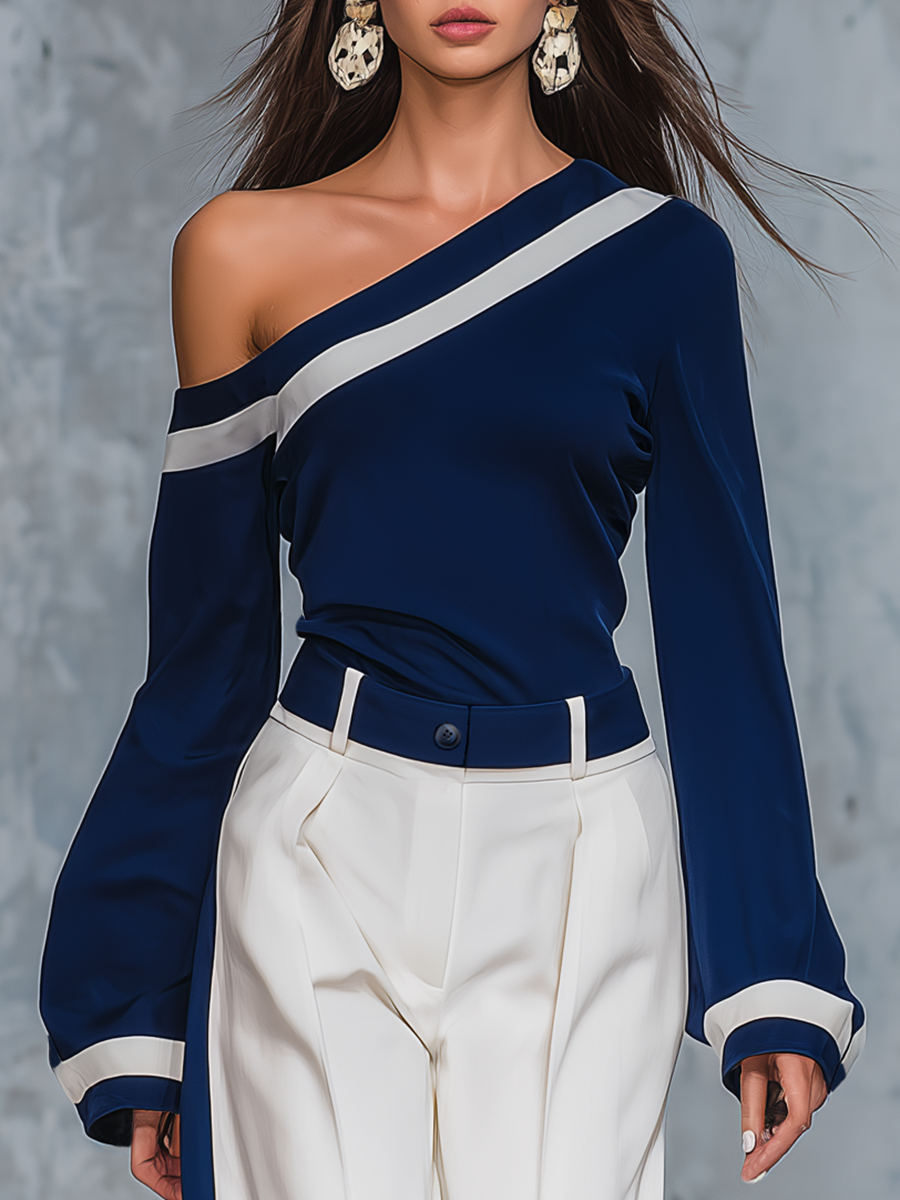 Vintage Charming One-shoulder Top And Wide-leg Pants Set