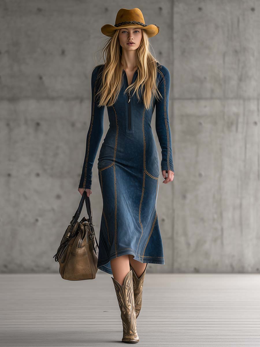 Retro Fashion Sporty Front Zipper Beige Stitching Dark Blue Suede Midi Dress