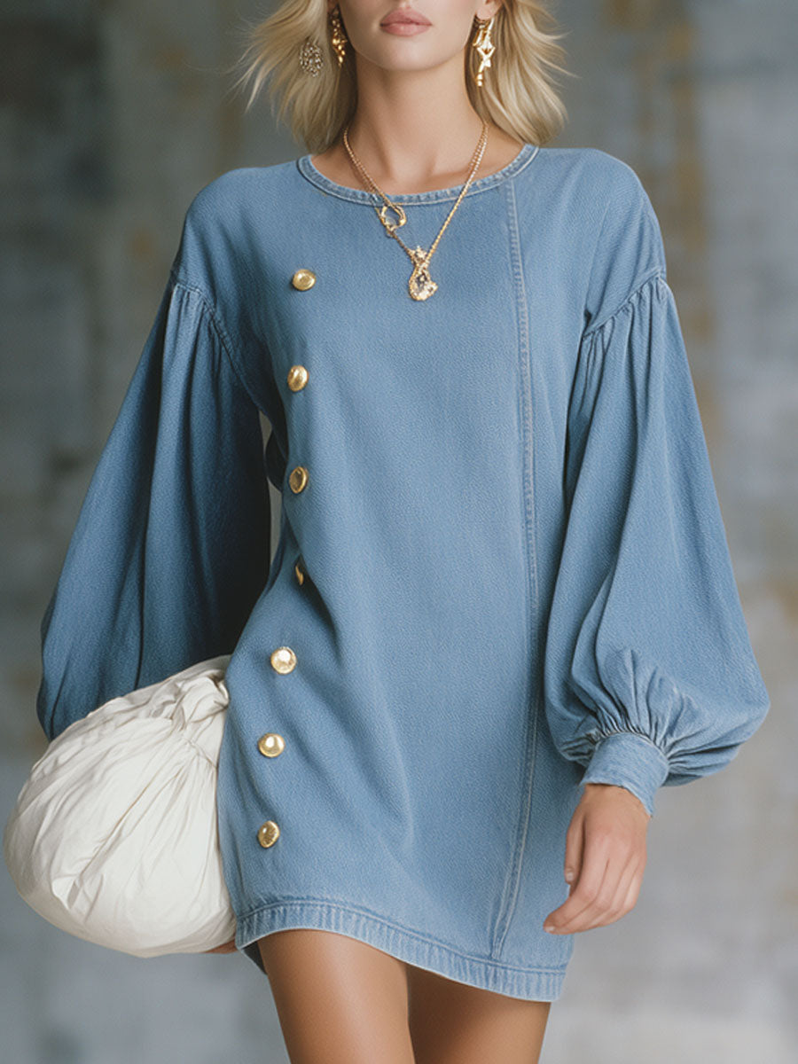 Round Neck Puff Sleeve Metal Button Denim Mini Dress