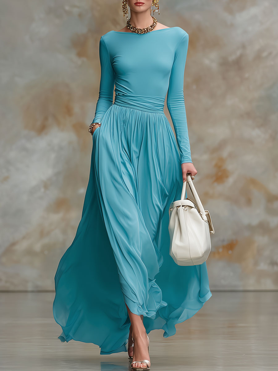 Fashionable Retro Long-sleeved Lake Blue Cotton Chiffon Maxi Dress