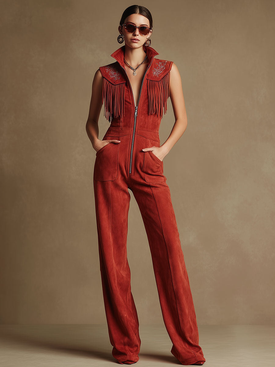 Western-style Retro Embroidered Tassel Red Faux Suede Sleeveless Jumpsuit