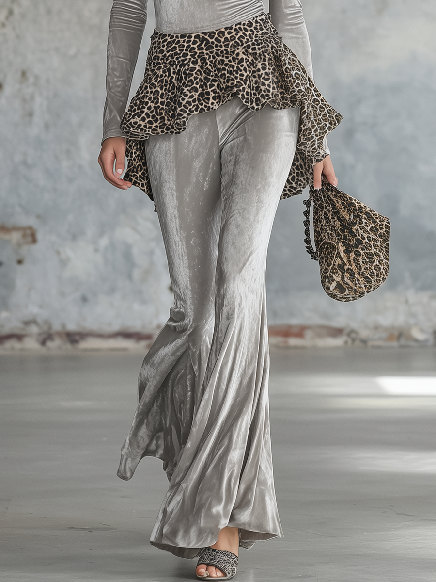 Elegant Retro Leopard Print Ruffled Velvet Tracksuit Two-piece Set