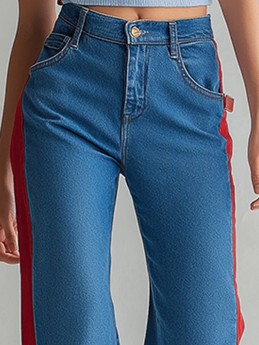 Casual Color-blocked Blue Straight-leg Jeans