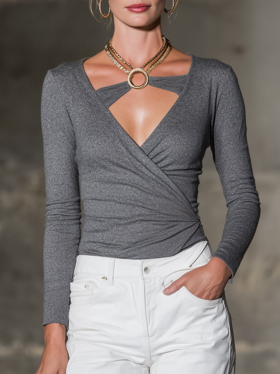 Elegant Grey Knit High-elastic Patchwork With Gold Trim Top