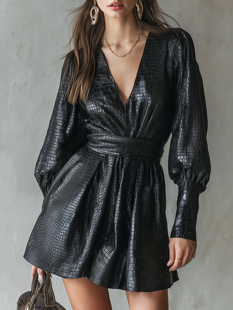 Retro-chic V-neck Faux Crocodile Leather Mini Dress