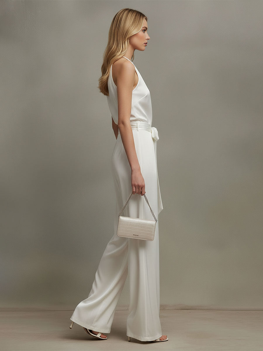 Stylish And Elegant White Satin Sleeveless Top And Pants Set