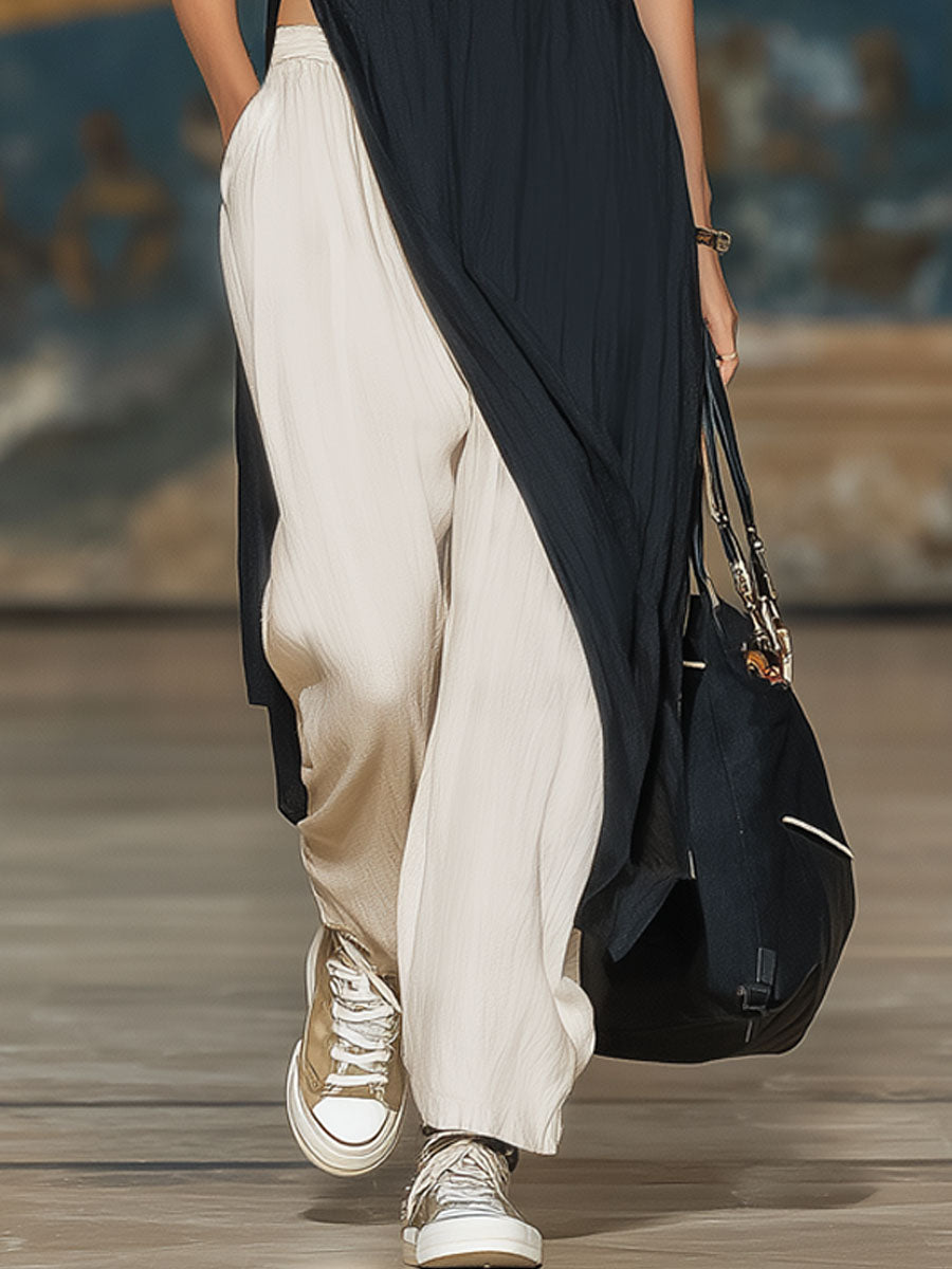 Sleeveless Irregular-hem Top And Trousers Cotton And Linen Set