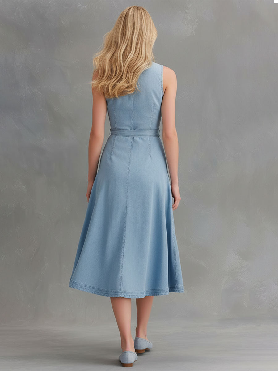 Fashionable Retro Blue Sleeveless Tie-button Washed Denim Midi Dress
