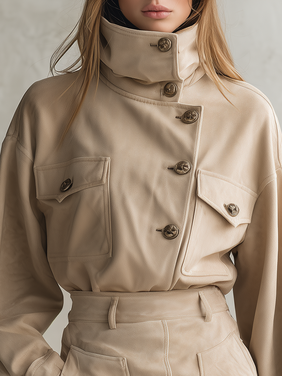 Retro-chic Stand-up Collar Faux Suede Shirt And Mini Skirt Set