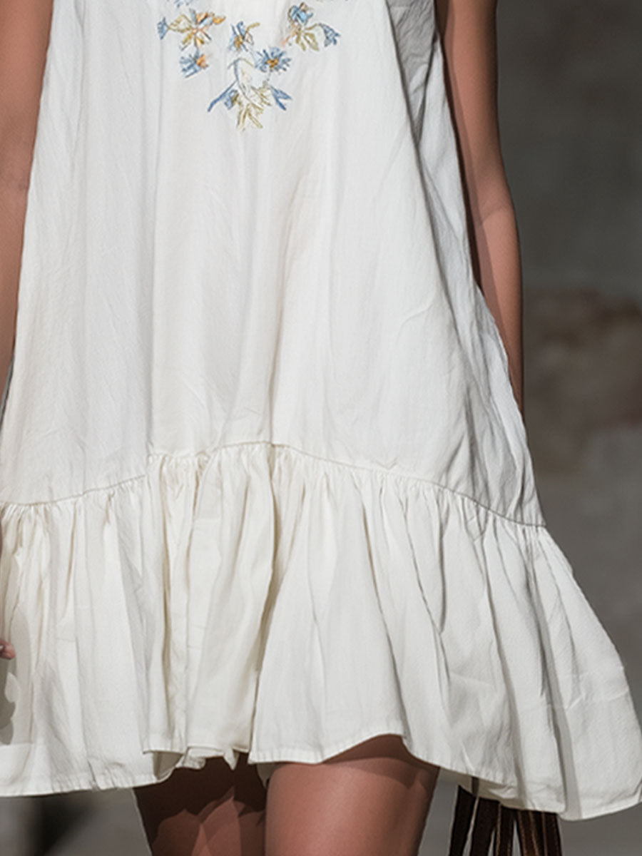 V-neck Floral Embroidered Cotton Sleeveless Mini Dress