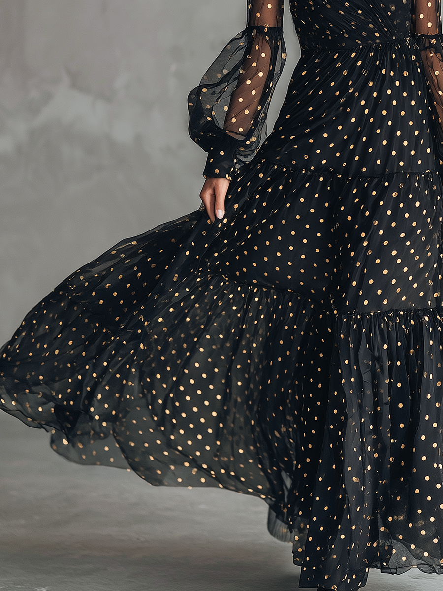 High-end Chic Gold Polka Dot V-neck Ruffled Black Chiffon Maxi Dress