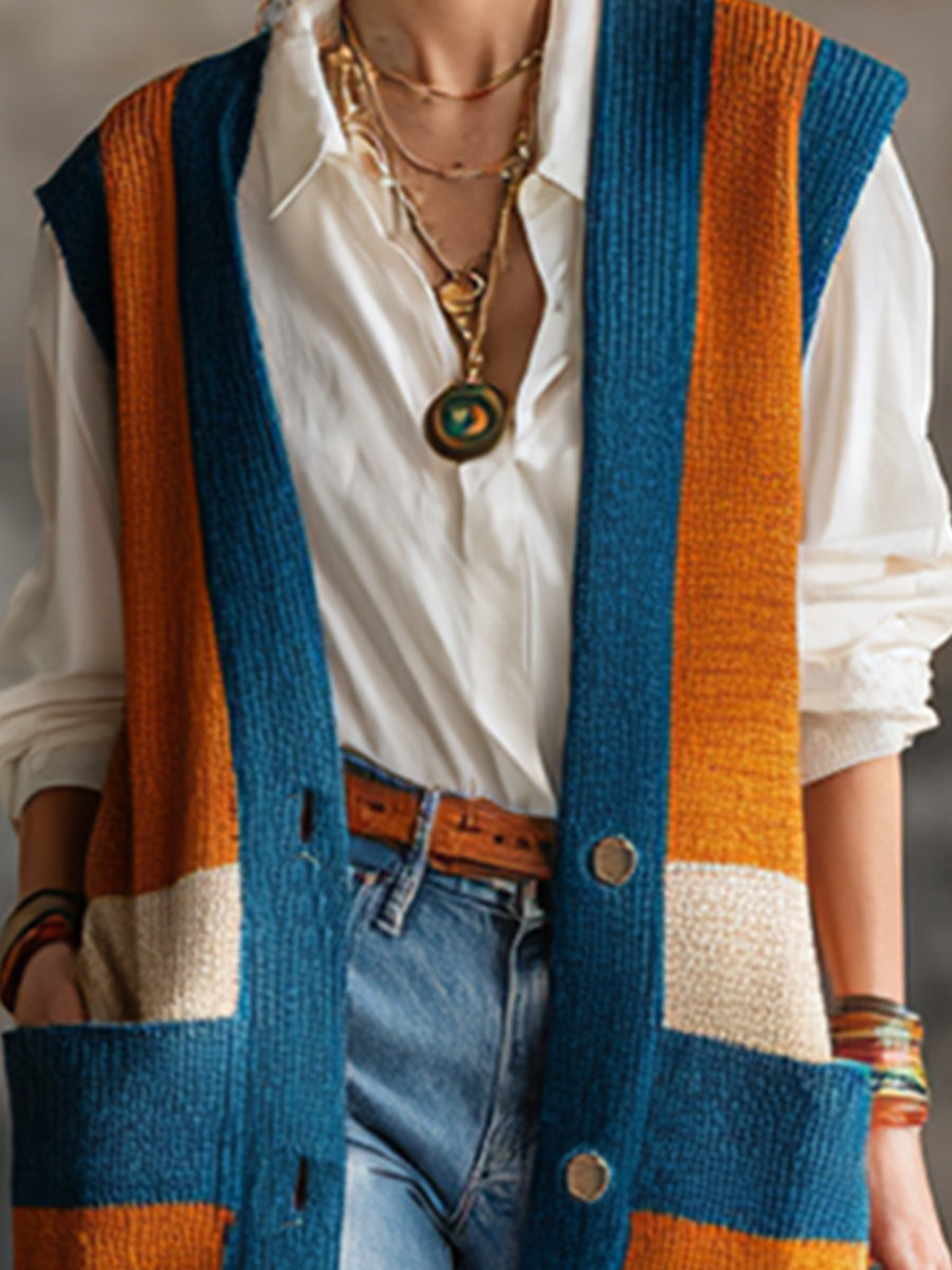 Stylish And Versatile Color-blocked Striped Knit Cardigan Vest