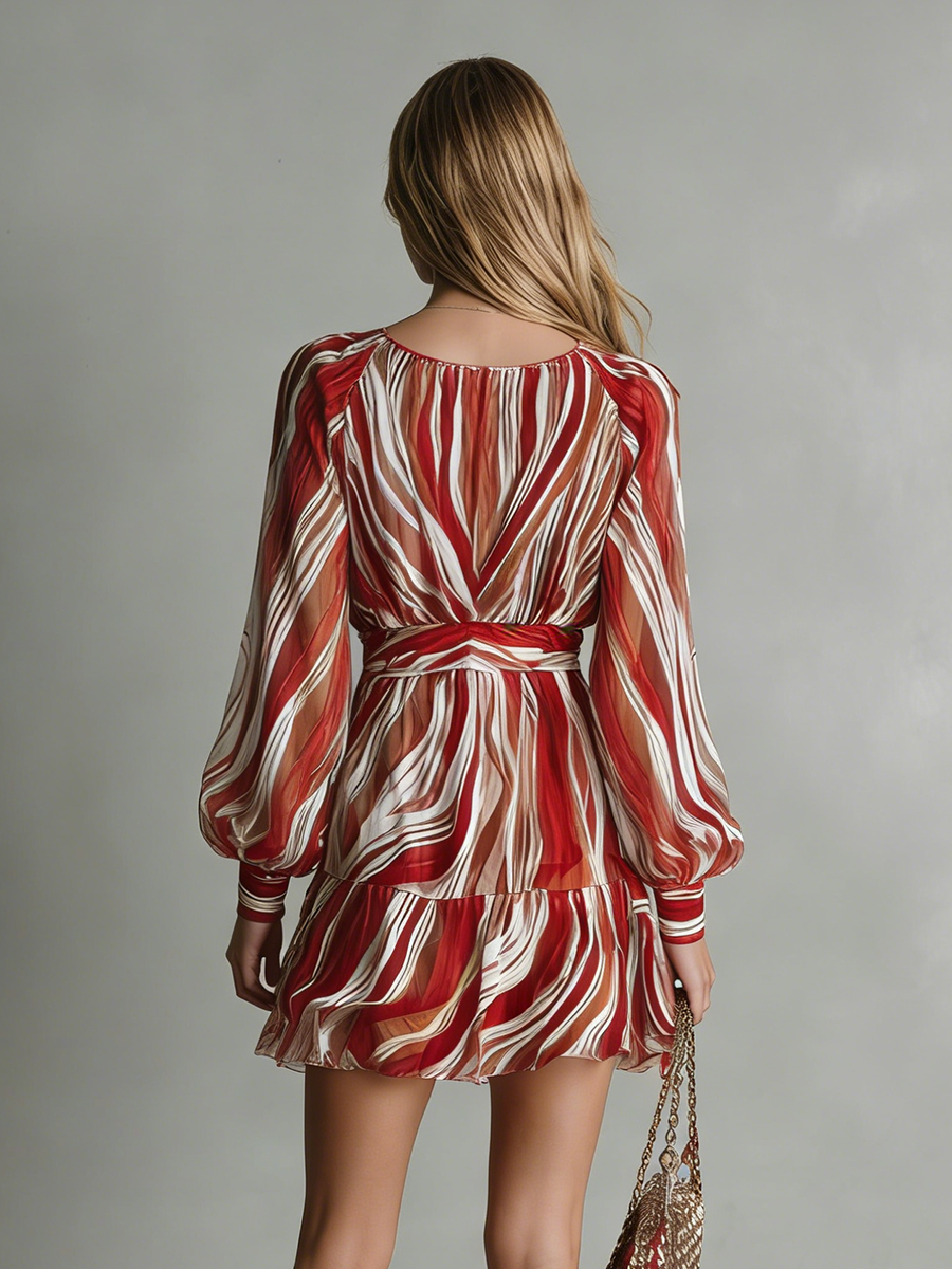 Stylish And Casual V-neck Long-sleeved Striped Printed Chiffon Mini Dress