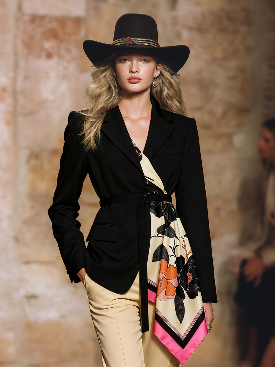 Trendy Western-style Detachable Printed Silk Scarf Black Blazer