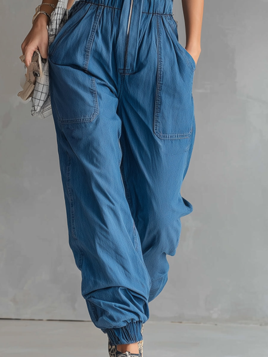 Stylish And Casual Blue Denim Zip-up Overalls
