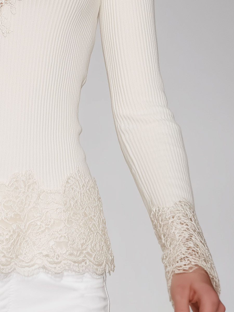Stylish And Sexy Lace V-Neck White Knitted Sweater