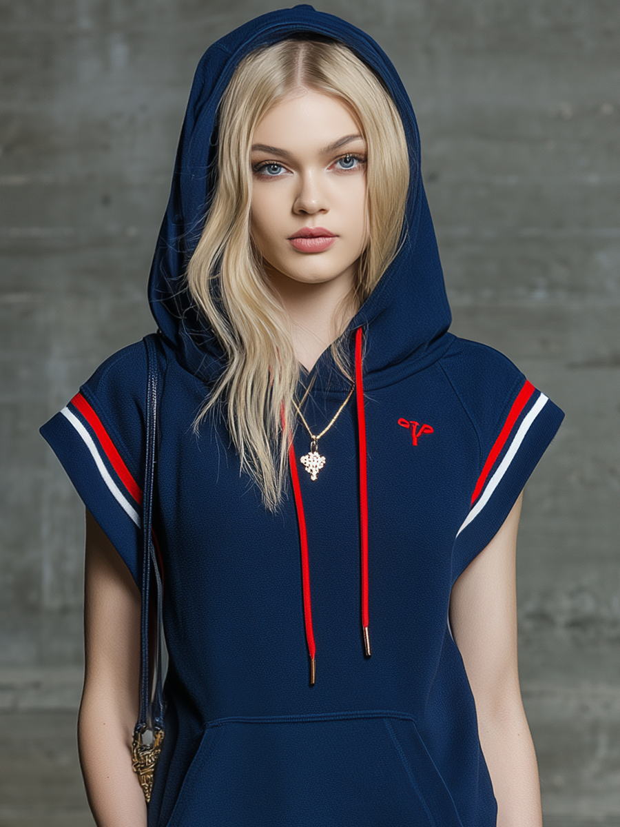 Retro Sporty Sleeveless Color-blocked Striped Hooded Mini Dress