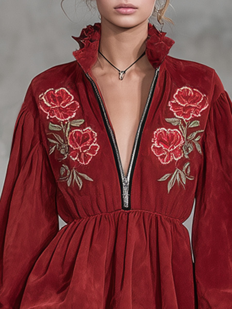 Ruffled Trim Zippered Floral Embroidered Faux Suede Long-sleeved Mini Dress