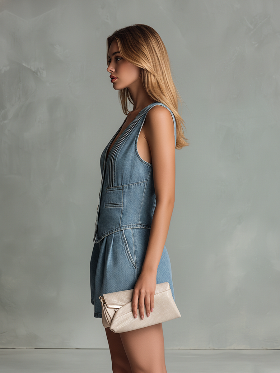 Stylish And Casual V-neck Sleeveless Button-down Top And Shorts Set