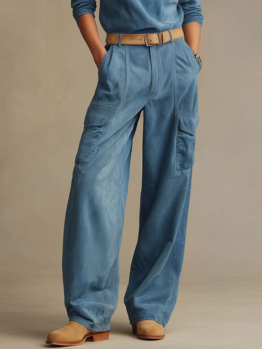 Western Retro Blue Faux Suede Half-Zip Top And Wide-Leg Cargo Pants Set