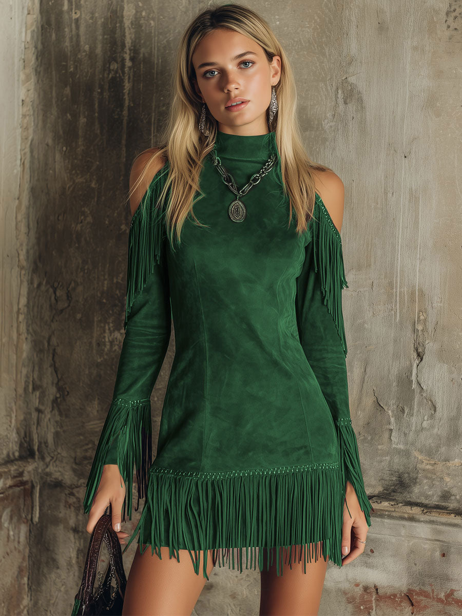 Semi-high Neck Off-the-shoulder Fringed Faux Suede Long-sleeved Mini Dress