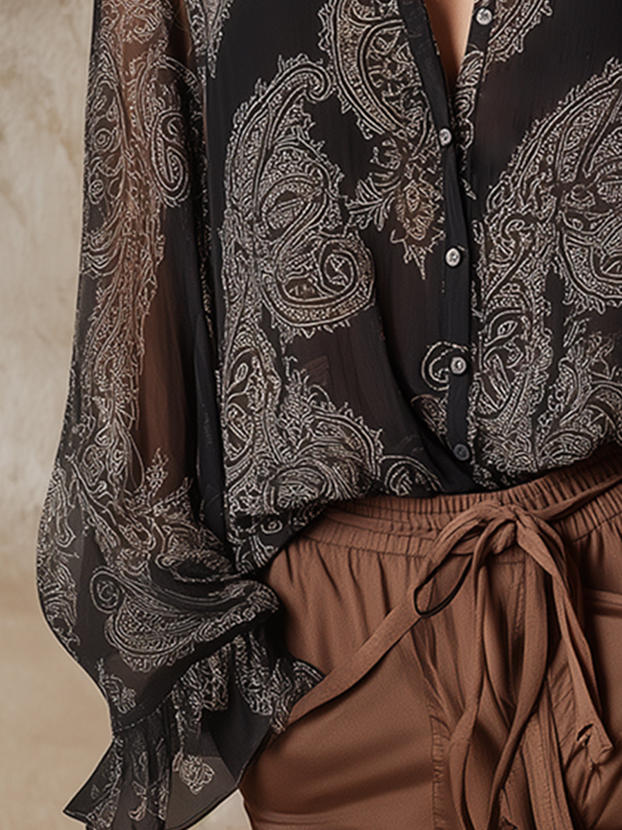 Vintage And Versatile Black Printed Chiffon Blouse