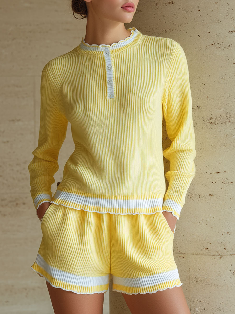 Round-neck Ruffle-trimmed Long-sleeved Top And Shorts Knitted Set