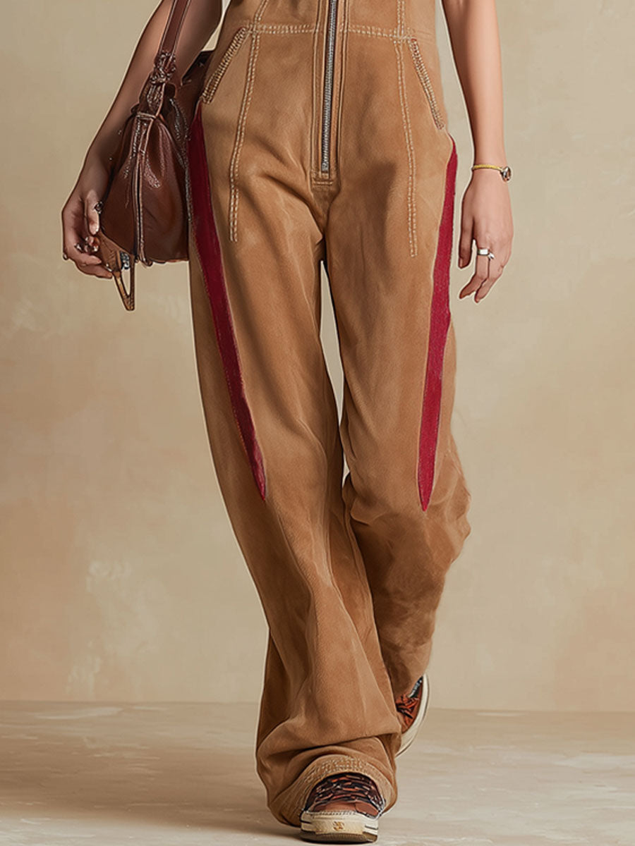 Western Style Color-blocked Zippered Faux Suede Sleeveless Jumpsuit