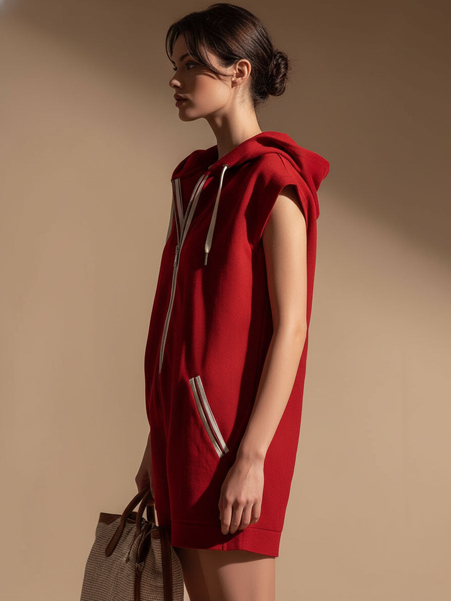 Hooded Zippered Color-blocked Double-pocket Sleeveless Short Jumpsuit