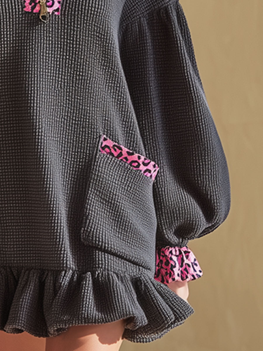 Stylish Loose-fitting Pink Leopard Print And Gray Waffle Mini Dress