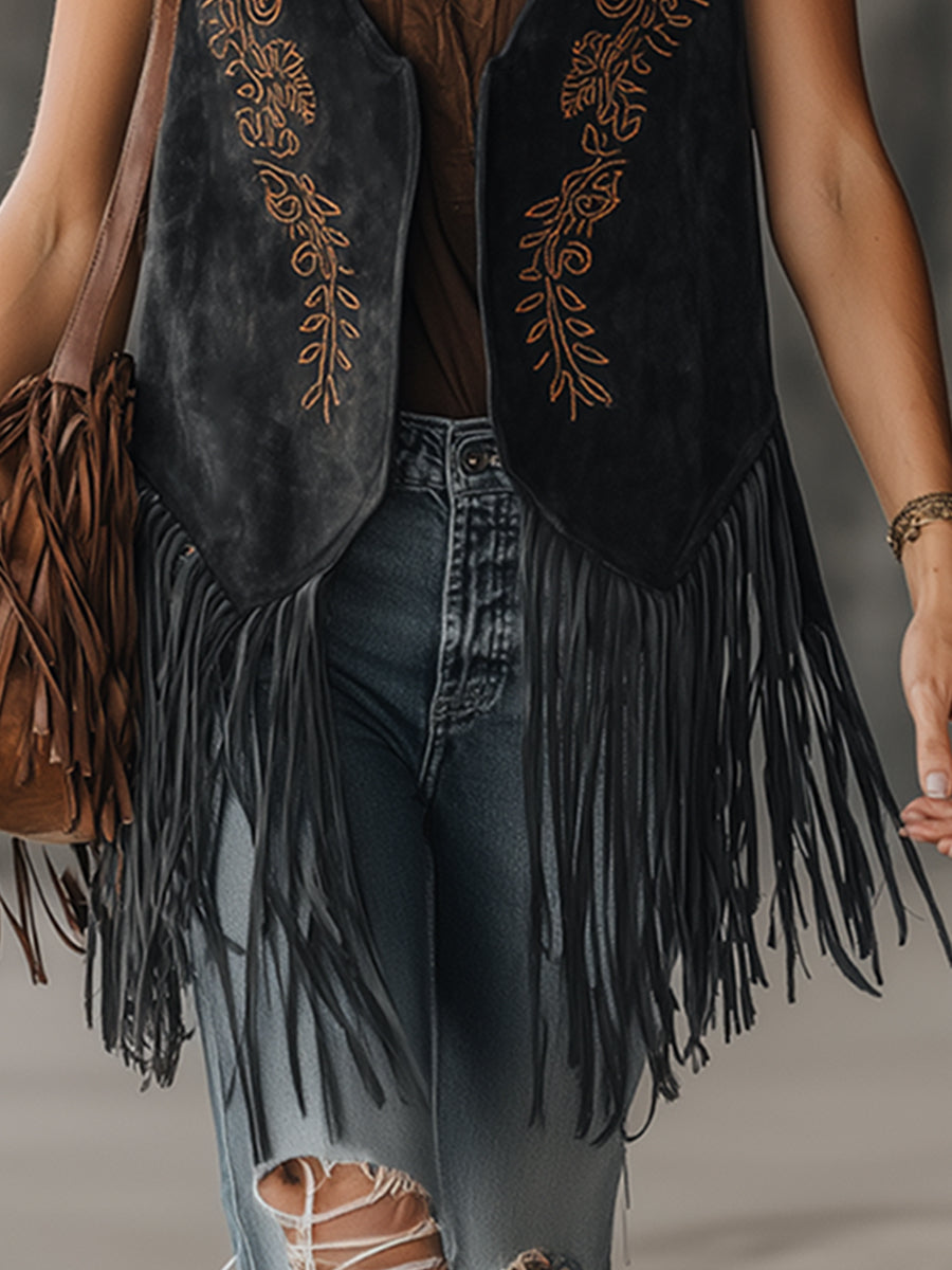 Retro Western-style Embroidered Fringed Black Faux Suede Vest