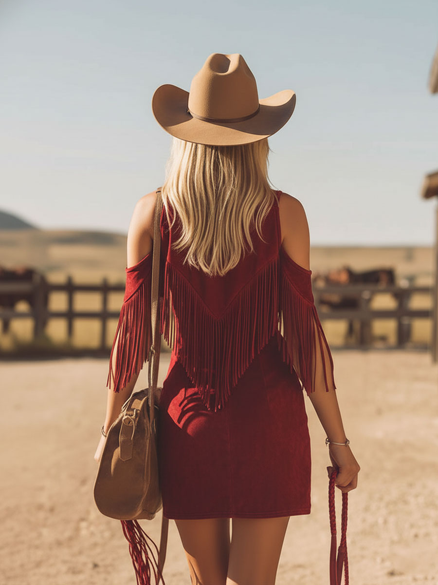 Western-style V-neck Short-sleeved Fringed Faux Suede Mini Dress